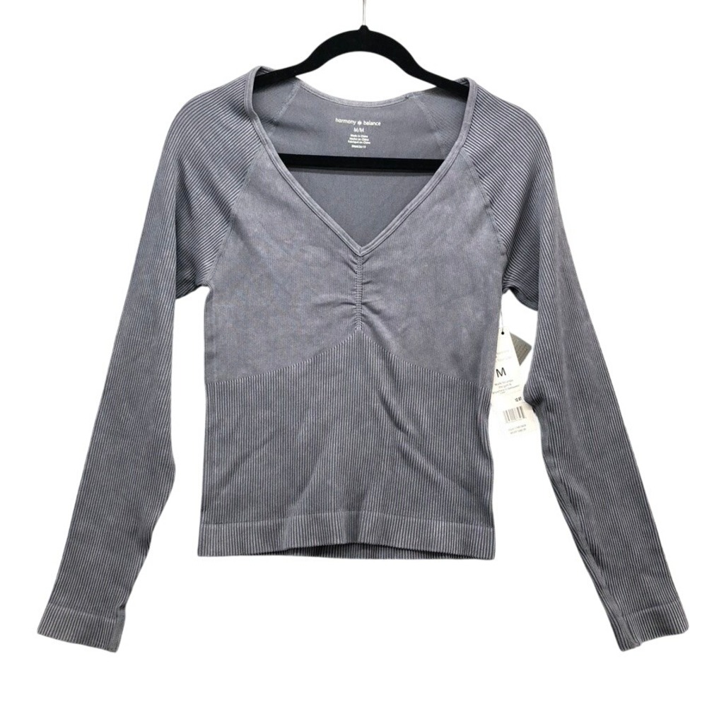 Harmony & Balance Top Womens Medium Gray Mineral Wash V-Neck Long Sleeve CHB1809